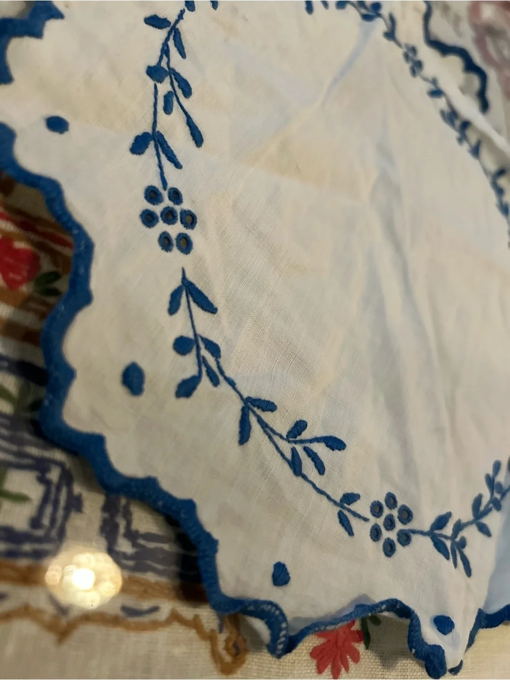 White Round Embroidered Linen Doily with Blue Floral Trim